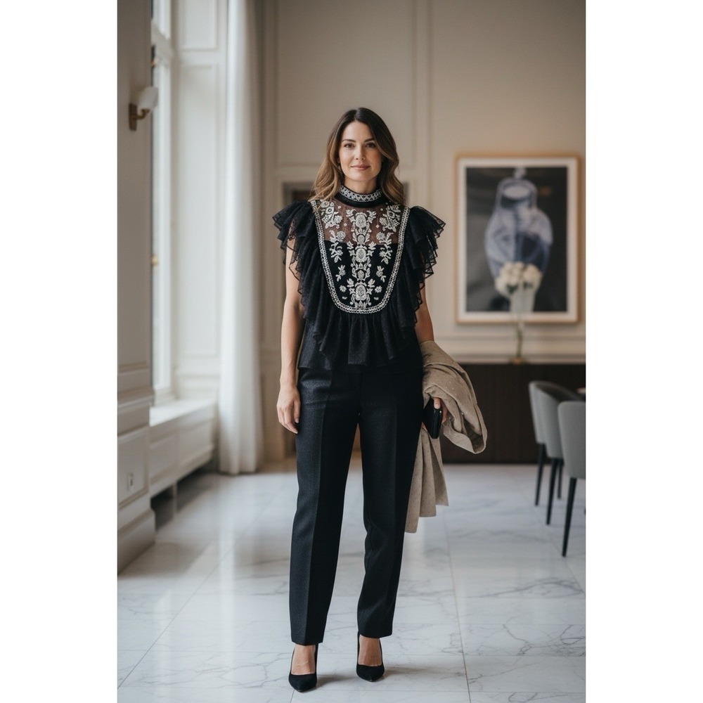 Stellah‎ Black Mesh Lace Top Womens S Embroidered Floral Victorian Whimsical